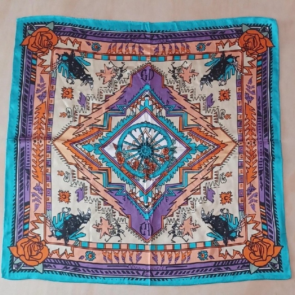 Grateful Dead Silk Scarf Skeleton Rose Wheel Raven Print Blue Orange Purple 21”